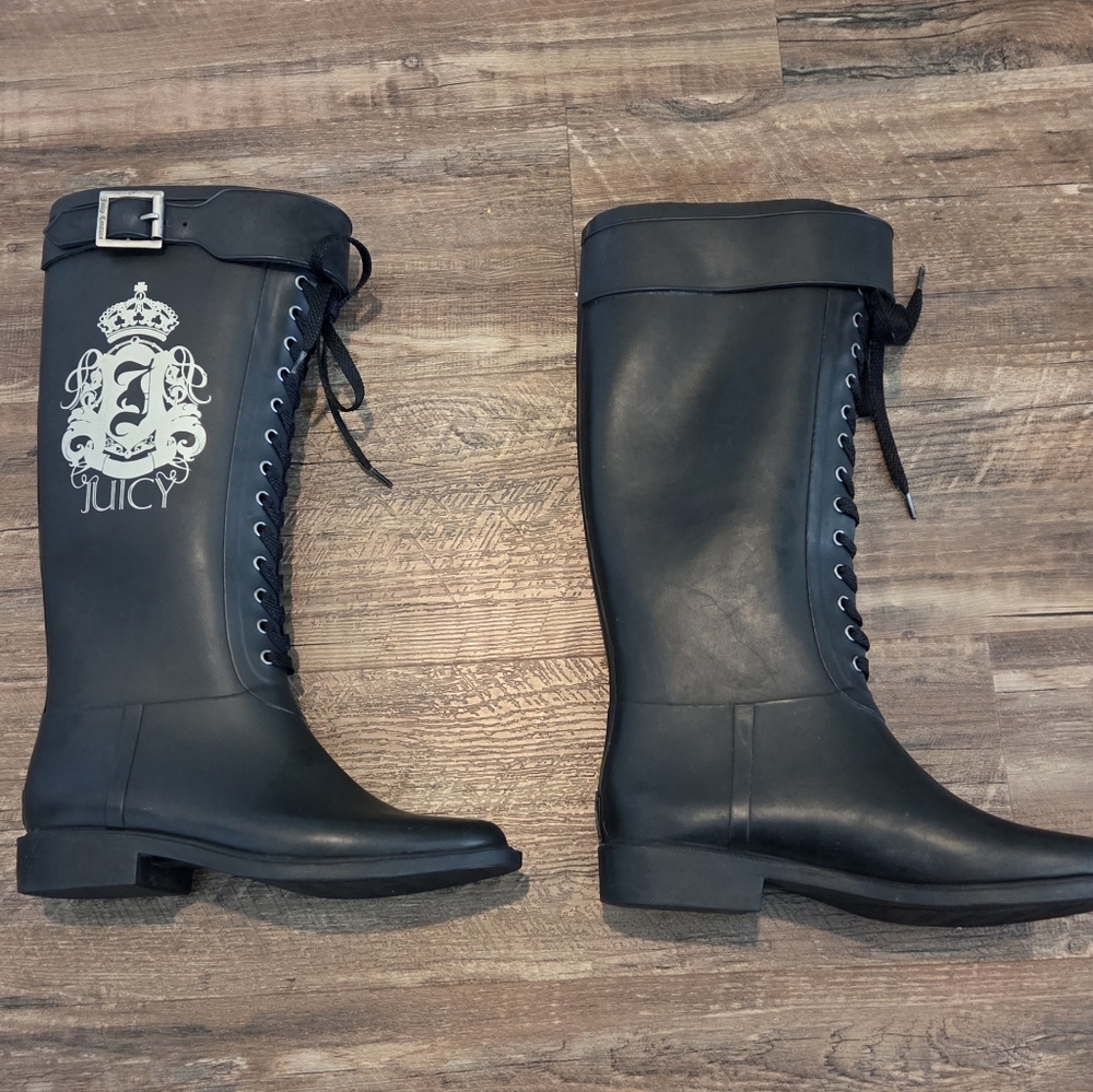 Juicy Couture Black Rain Boots Lace Up Buckle Logo Crown US 8 - Picture 7 of 15